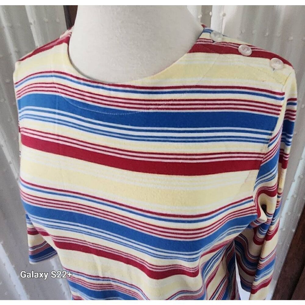 F77 Koret bright summer knit top- red blue & yellow 3/4 sleeves shoulder button
